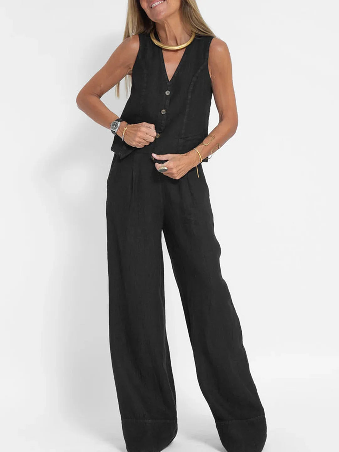 Trendy Vest & Pants Suit Set - Sleeveless 2-Piece with Color Block Stitching