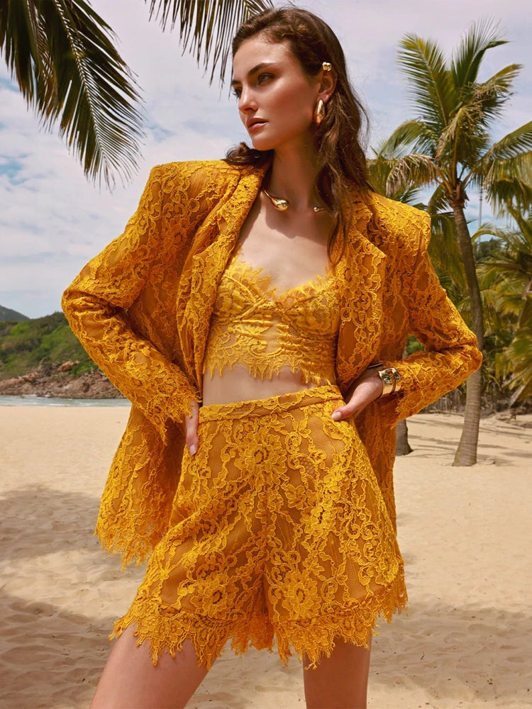 Women Lace Suit 3 Piece Set Sexy Yellow Short Top + Single Button Blazer + Shorts Sets Jacket Coat Suits Party Evening Cocktail