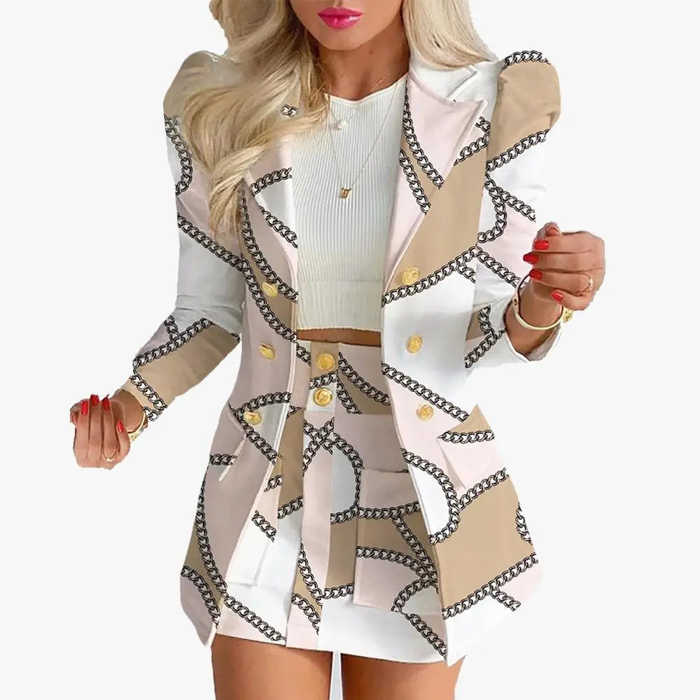 Fashion Versatile Matching Suit and Skirt Women's Casual Floral Print Puff Sleeve Blazer Coat & Skirt Set Ladies Two Piece Suit