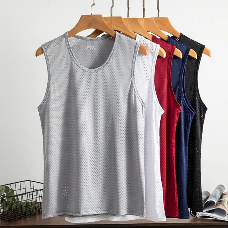 Men Tops Ice Silk Vest Outer Wear Quick-Drying Mesh Hole Breathable Sleeveless T-Shirts Summer Cool Vest Beach Travel Tanks