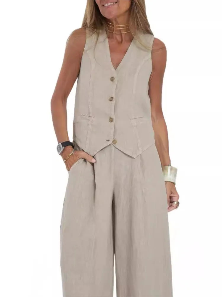 Trendy Vest & Pants Suit Set - Sleeveless 2-Piece with Color Block Stitching