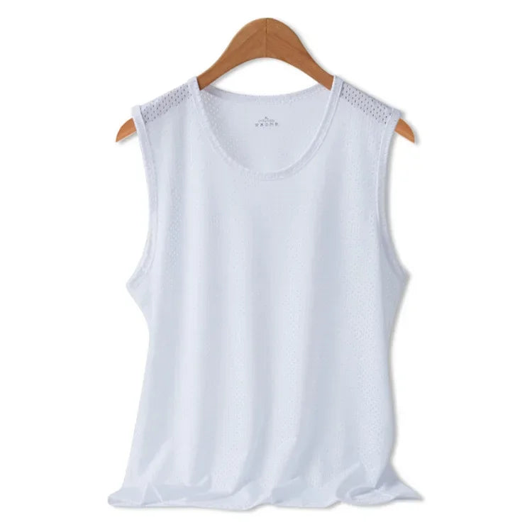 Men Tops Ice Silk Vest Outer Wear Quick-Drying Mesh Hole Breathable Sleeveless T-Shirts Summer Cool Vest Beach Travel Tanks