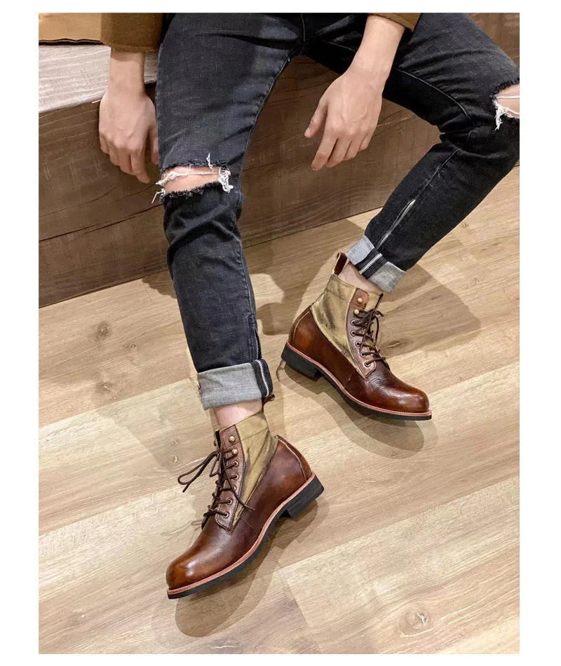 New Brown Boots for Men Black Business Handmade Men's Short Boots Round Toe Slip-On Ankle Boots Motorcycle Boots Combat Boots