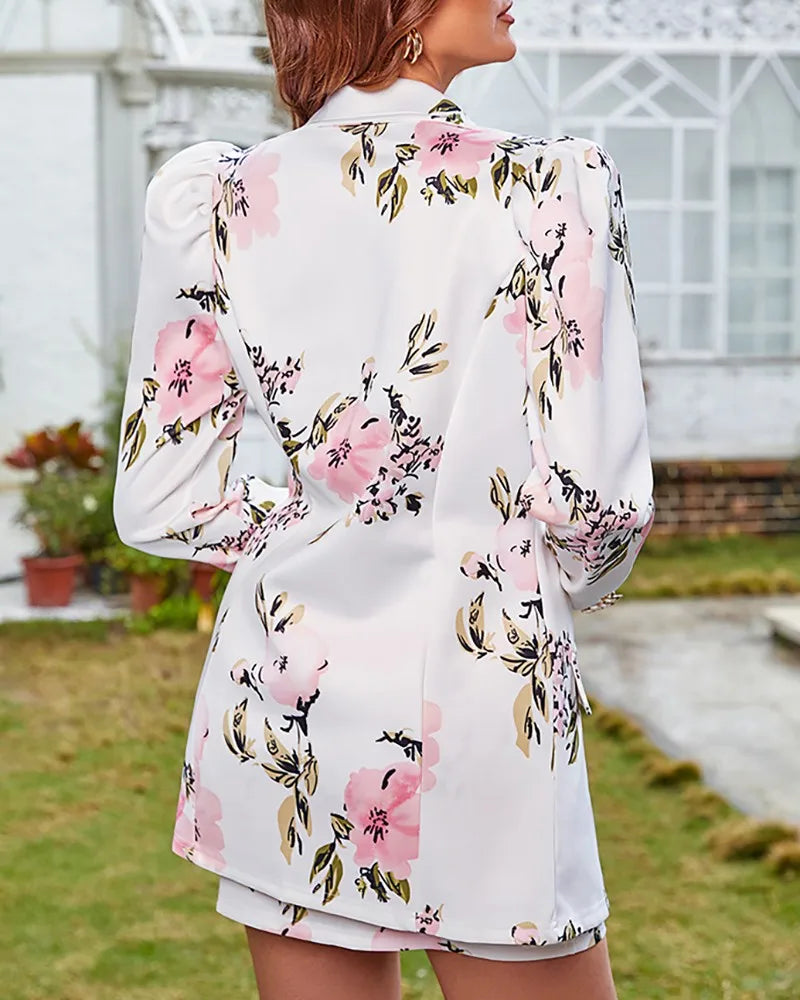 Fashion Versatile Matching Suit and Skirt Women's Casual Floral Print Puff Sleeve Blazer Coat & Skirt Set Ladies Two Piece Suit
