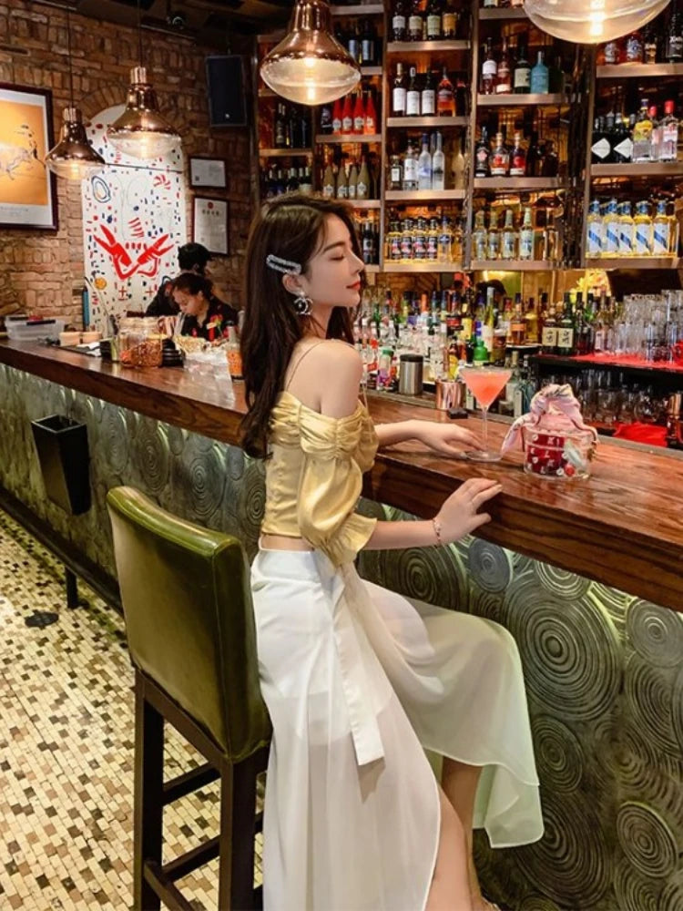 White Skirts for Women Temperament Summer Jupe 2025 Faldas Mujer De Moda High Waist Patchwork Chiffon Skirt Chic Korean Saia