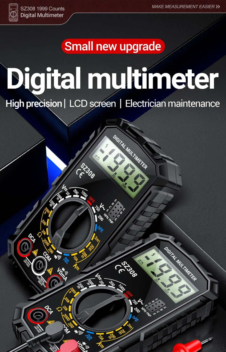 ANENG SZ308 Square Wave Digital Tester 1999 Counts HFE Triode Buzzer Multimeter AC/DC Voltage 10A Current Multimeters Meter Tool