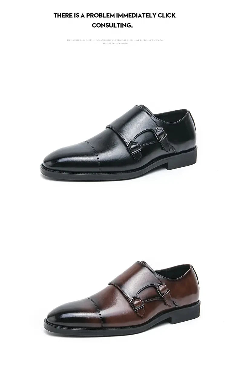 Men Business Dress Shoes Black Brown Side Double Button Leather Shoes European Fashion Versatile Suit Le Fu Shoes Size 38-46