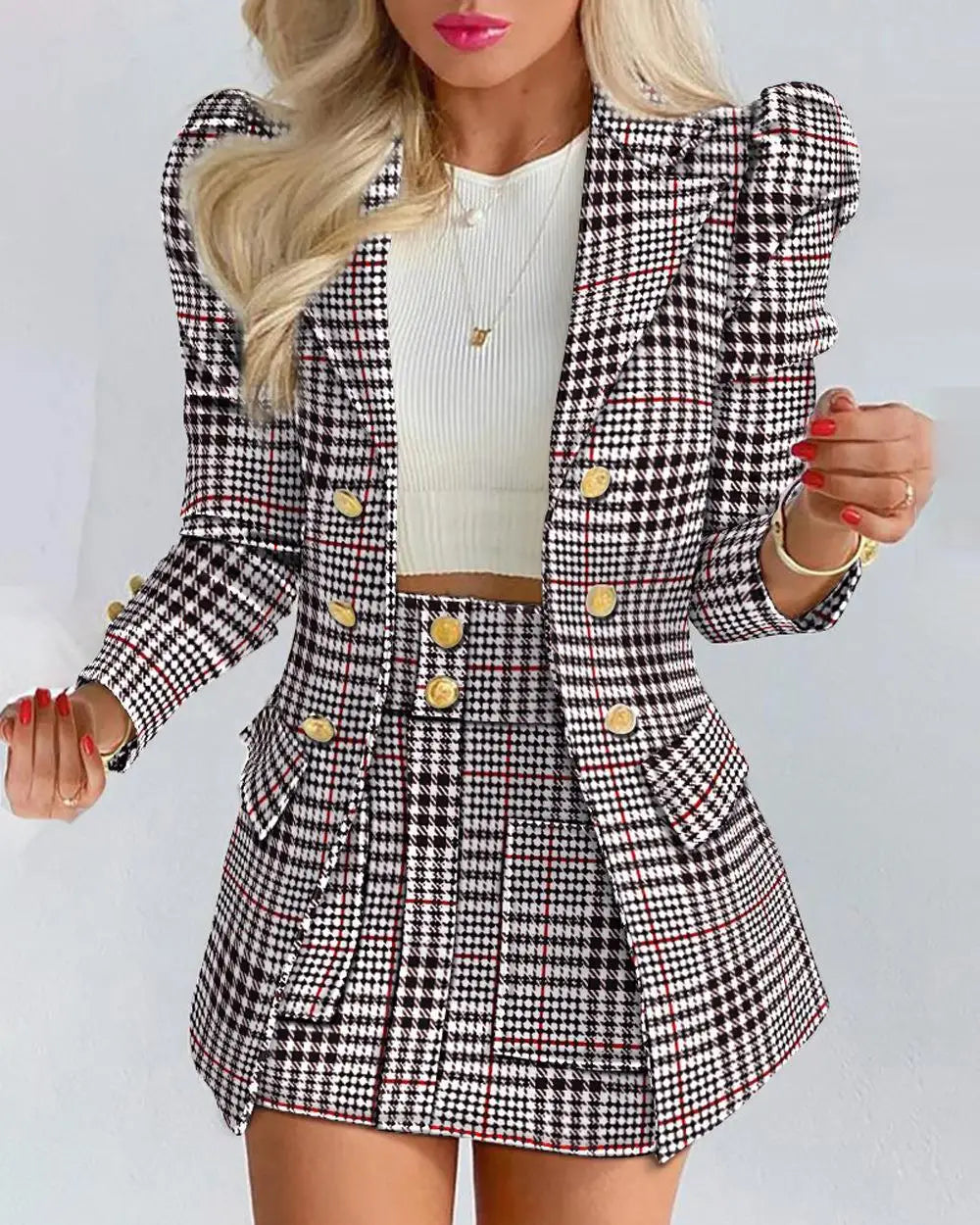 Fashion Versatile Matching Suit and Skirt Women's Casual Floral Print Puff Sleeve Blazer Coat & Skirt Set Ladies Two Piece Suit