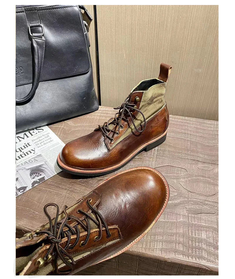 New Brown Boots for Men Black Business Handmade Men's Short Boots Round Toe Slip-On Ankle Boots Motorcycle Boots Combat Boots