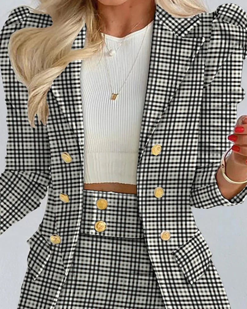 Fashion Versatile Matching Suit and Skirt Women's Casual Floral Print Puff Sleeve Blazer Coat & Skirt Set Ladies Two Piece Suit