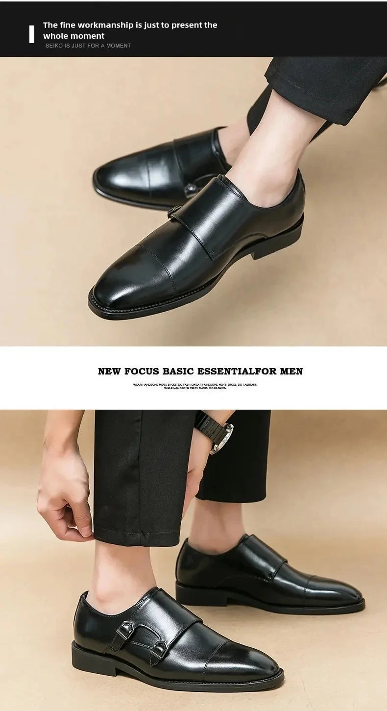Men Business Dress Shoes Black Brown Side Double Button Leather Shoes European Fashion Versatile Suit Le Fu Shoes Size 38-46