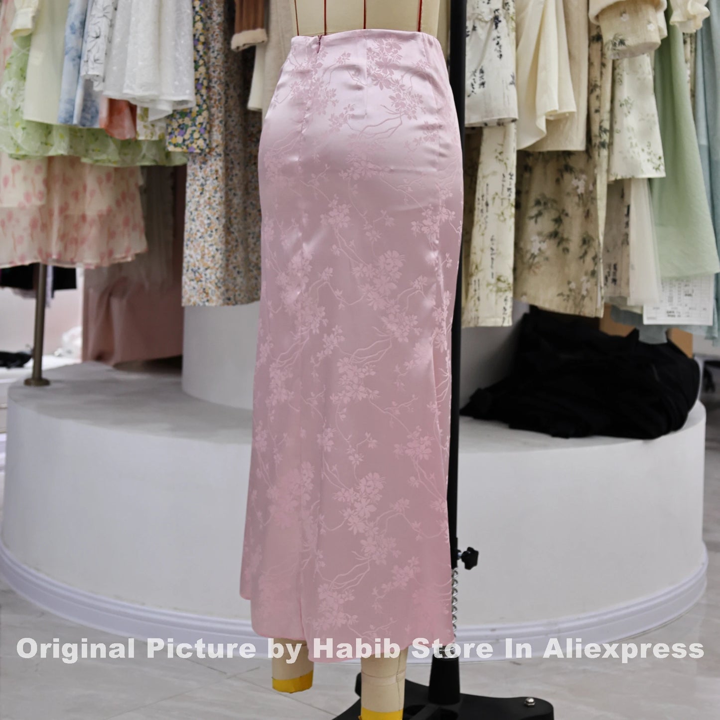 Pink Satin Skirts For Woman Floral PRINT Skort Office Lady Casual Simple A Line Straight Pencil Long Midi Skirt Female Like Silk