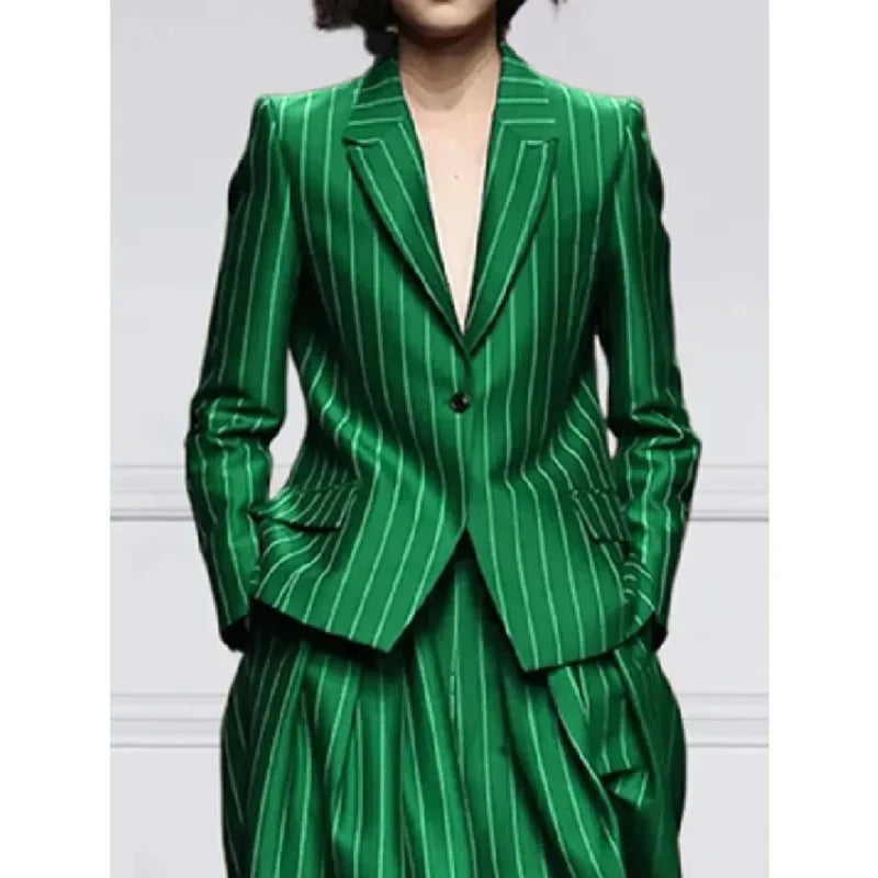 Beautyblue Blazer Set Women's Trouser Suit Outerwear Striped Trousers New Vintage Loose Wide Leg Long Sleeves Suit Costume Femme