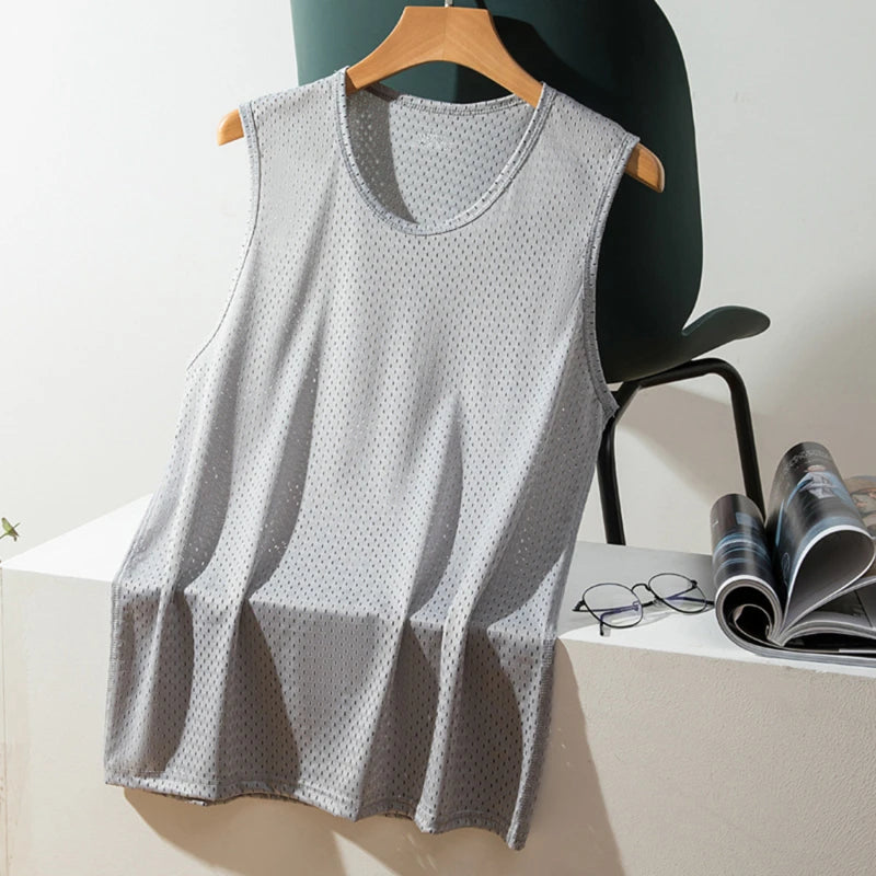 Men Tops Ice Silk Vest Outer Wear Quick-Drying Mesh Hole Breathable Sleeveless T-Shirts Summer Cool Vest Beach Travel Tanks