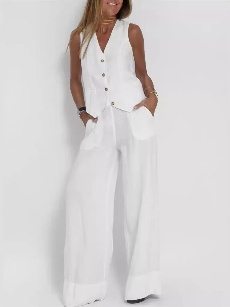 Trendy Vest & Pants Suit Set - Sleeveless 2-Piece with Color Block Stitching