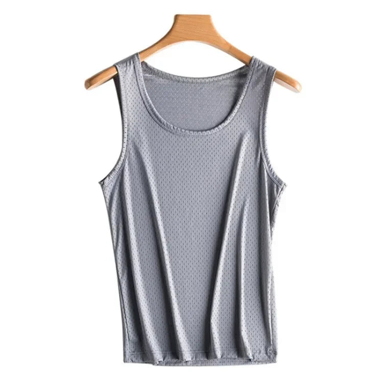 Men Tops Ice Silk Vest Outer Wear Quick-Drying Mesh Hole Breathable Sleeveless T-Shirts Summer Cool Vest Beach Travel Tanks