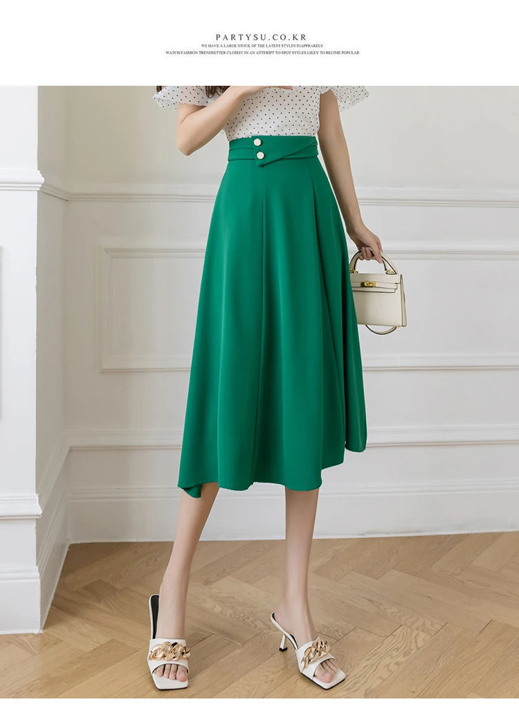 Women's Skirts High Waist Sweet Girl's Mid-calf Skirt Solid Skirts for Women Vintage Long Fashion 2023 Kawaii Summer Women Skirt
