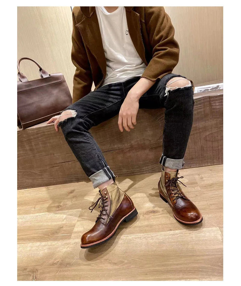 New Brown Boots for Men Black Business Handmade Men's Short Boots Round Toe Slip-On Ankle Boots Motorcycle Boots Combat Boots