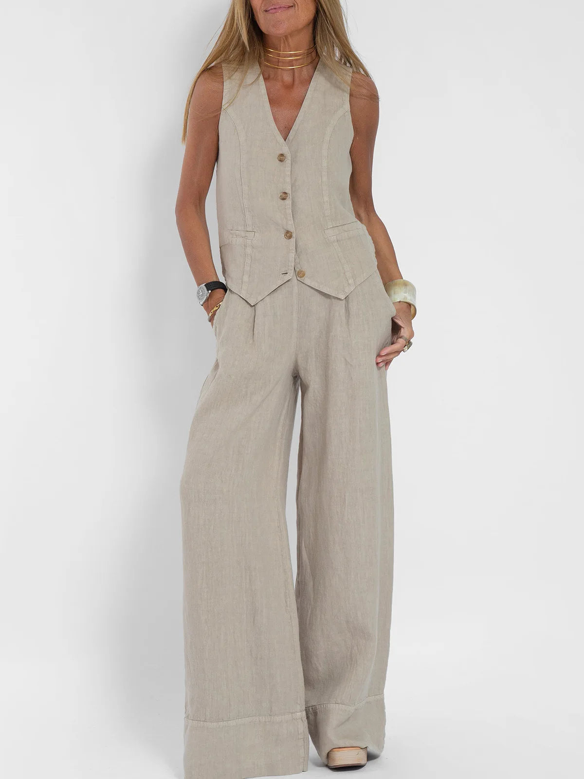 Trendy Vest & Pants Suit Set - Sleeveless 2-Piece with Color Block Stitching