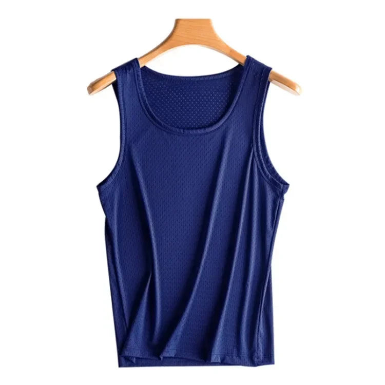 Men Tops Ice Silk Vest Outer Wear Quick-Drying Mesh Hole Breathable Sleeveless T-Shirts Summer Cool Vest Beach Travel Tanks