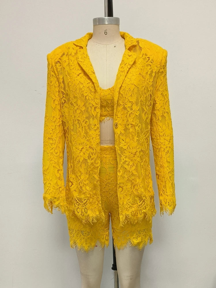 Women Lace Suit 3 Piece Set Sexy Yellow Short Top + Single Button Blazer + Shorts Sets Jacket Coat Suits Party Evening Cocktail