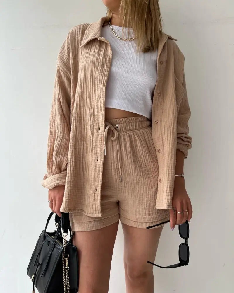 Summer Women's Suit Short Sets Outfits Muslin Suit For Women 2024 Two Piece Sets Female Clothing Solid Button Lapel Outfits