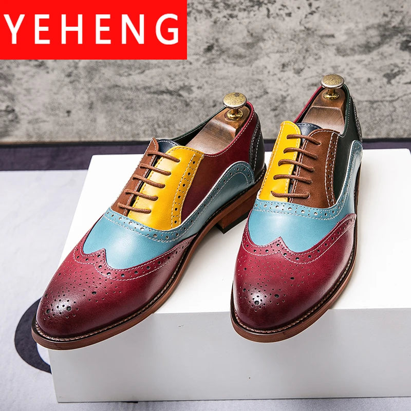 Men Business Dress shoe Colorful Lace up Fashion Man Casual Leather Oxfords shoes Flat Leisure Wedding Party shoe Men Big Size