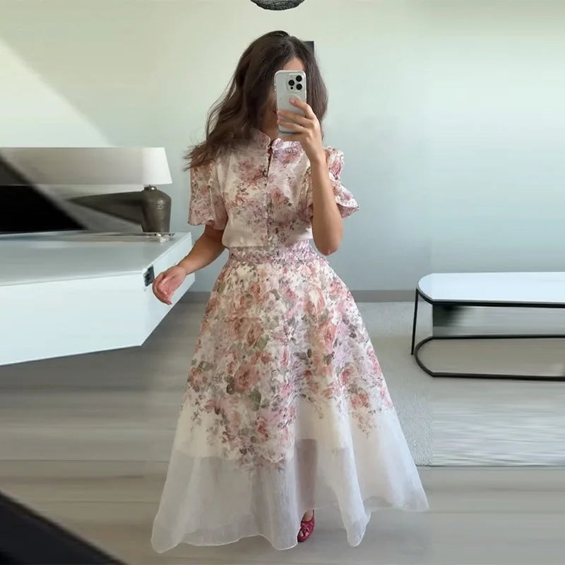 Elegant Floral Printed Long Skirts Set Women Loose Full Sleeve Single Breasted Shirts Pleated Skirt 2025 Summer Lady New Suits