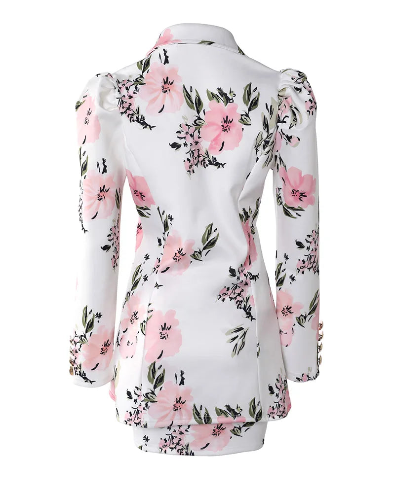Fashion Versatile Matching Suit and Skirt Women's Casual Floral Print Puff Sleeve Blazer Coat & Skirt Set Ladies Two Piece Suit