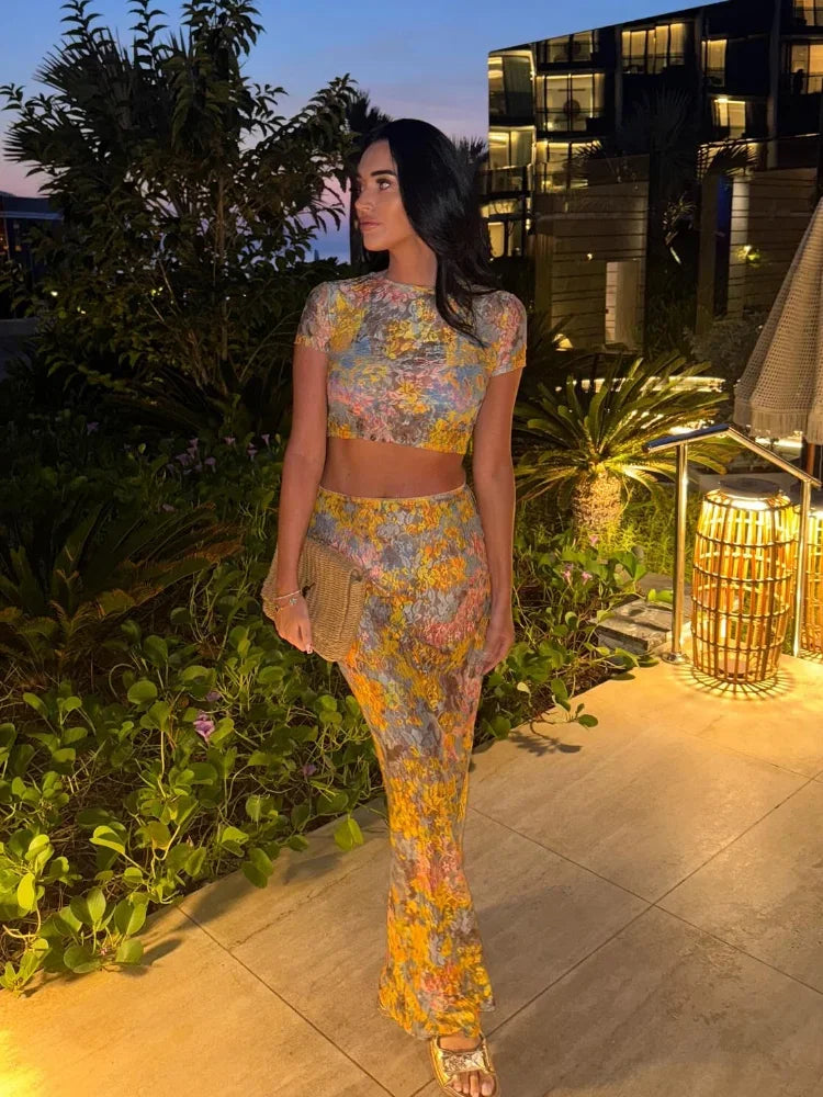 Women Elegant Printing Skirt Suit Chic Round Neck Half Sleeve Top High Waist Slim Fit 2-piece Set 2025 New Summer Fashion Outfit