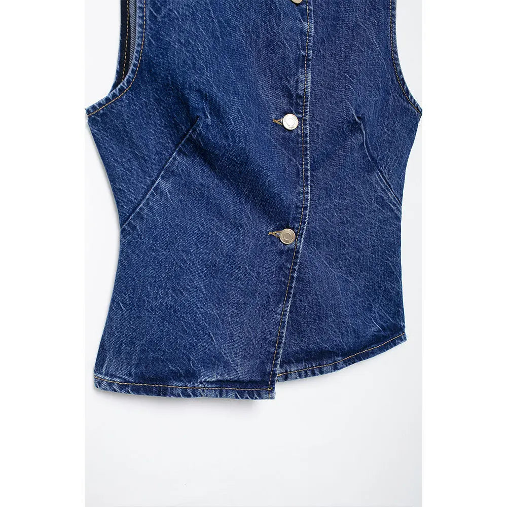 DUOPERI Women 2 piece sets Denim Waistcoat V-Neck Sleevele and Wide Leg Denim Long Trousers Suits Female Chic Lady Casual Outfit