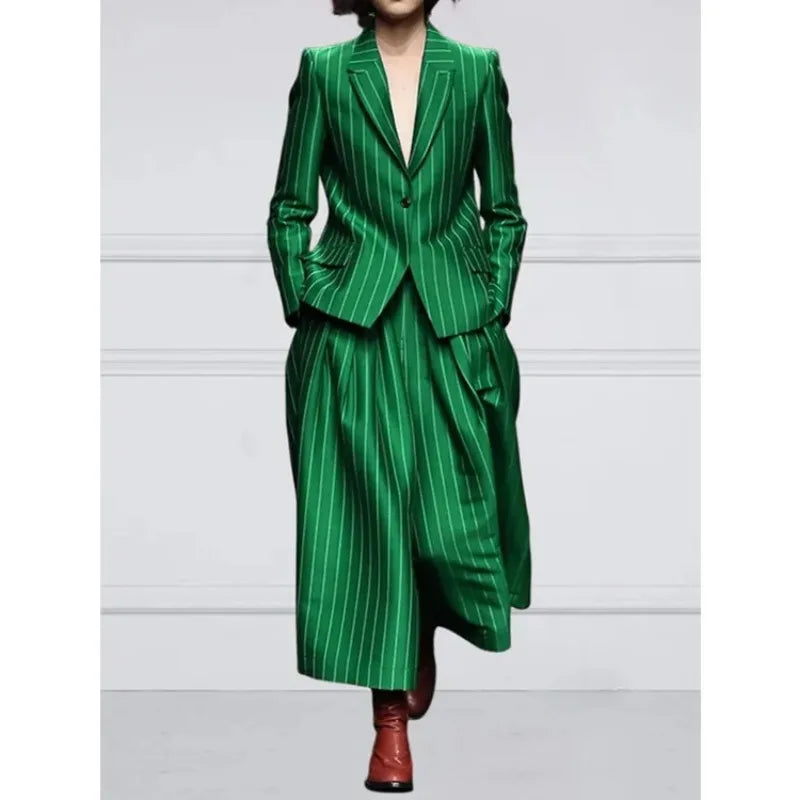 Beautyblue Blazer Set Women's Trouser Suit Outerwear Striped Trousers New Vintage Loose Wide Leg Long Sleeves Suit Costume Femme