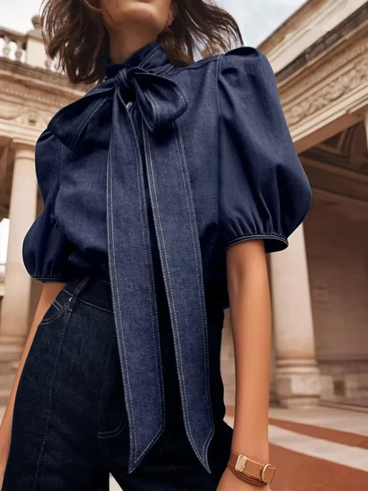 Gymystars New Trendy Imitation Denim Blouse Tops for Women Long Puff Sleeves Bow-Embellished High Neck Women's Autumn Shirts