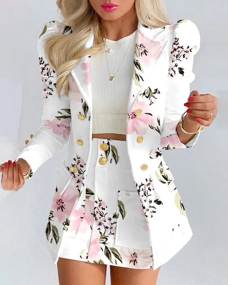 Fashion Versatile Matching Suit and Skirt Women's Casual Floral Print Puff Sleeve Blazer Coat & Skirt Set Ladies Two Piece Suit