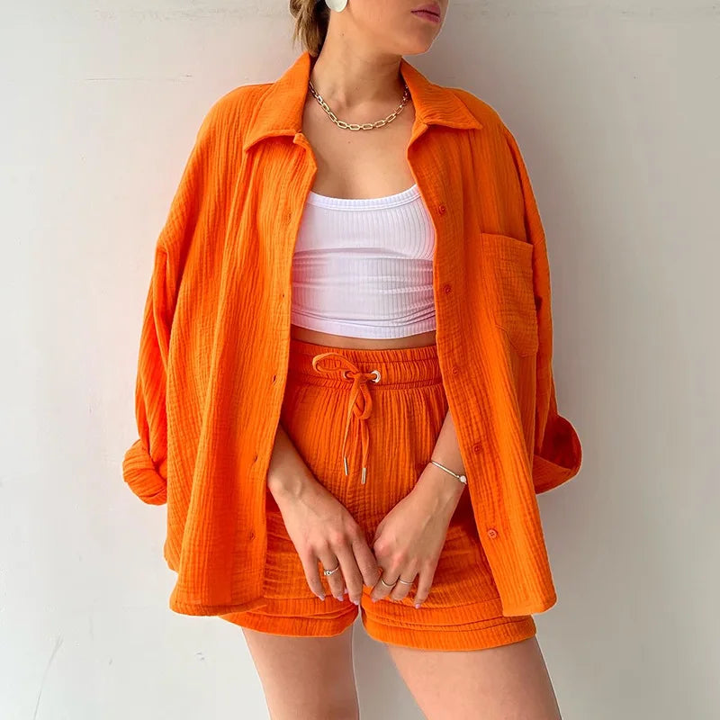 Summer Women's Suit Short Sets Outfits Muslin Suit For Women 2024 Two Piece Sets Female Clothing Solid Button Lapel Outfits