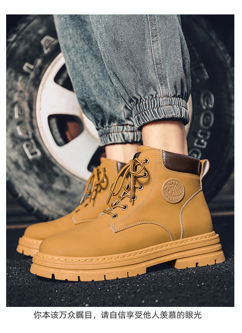 Men's high top boots four season outdoor work shoes anti slip and comfortable yellow boots fashion British casual leather boots