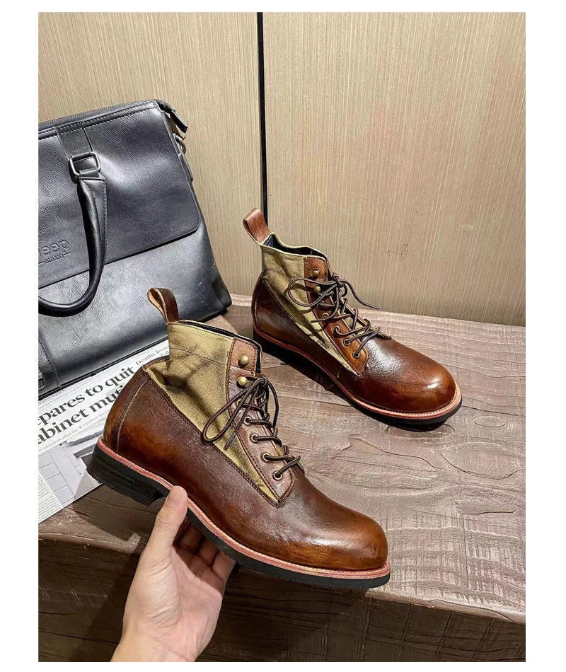 New Brown Boots for Men Black Business Handmade Men's Short Boots Round Toe Slip-On Ankle Boots Motorcycle Boots Combat Boots
