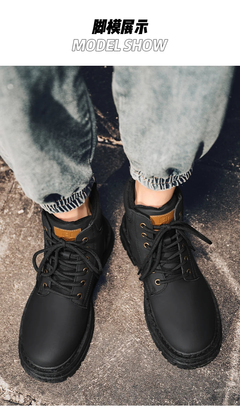 Men's high top boots four season outdoor work shoes anti slip and comfortable yellow boots fashion British casual leather boots