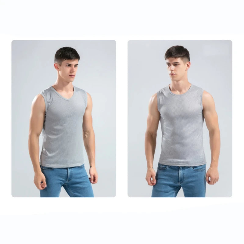 Men Tops Ice Silk Vest Outer Wear Quick-Drying Mesh Hole Breathable Sleeveless T-Shirts Summer Cool Vest Beach Travel Tanks