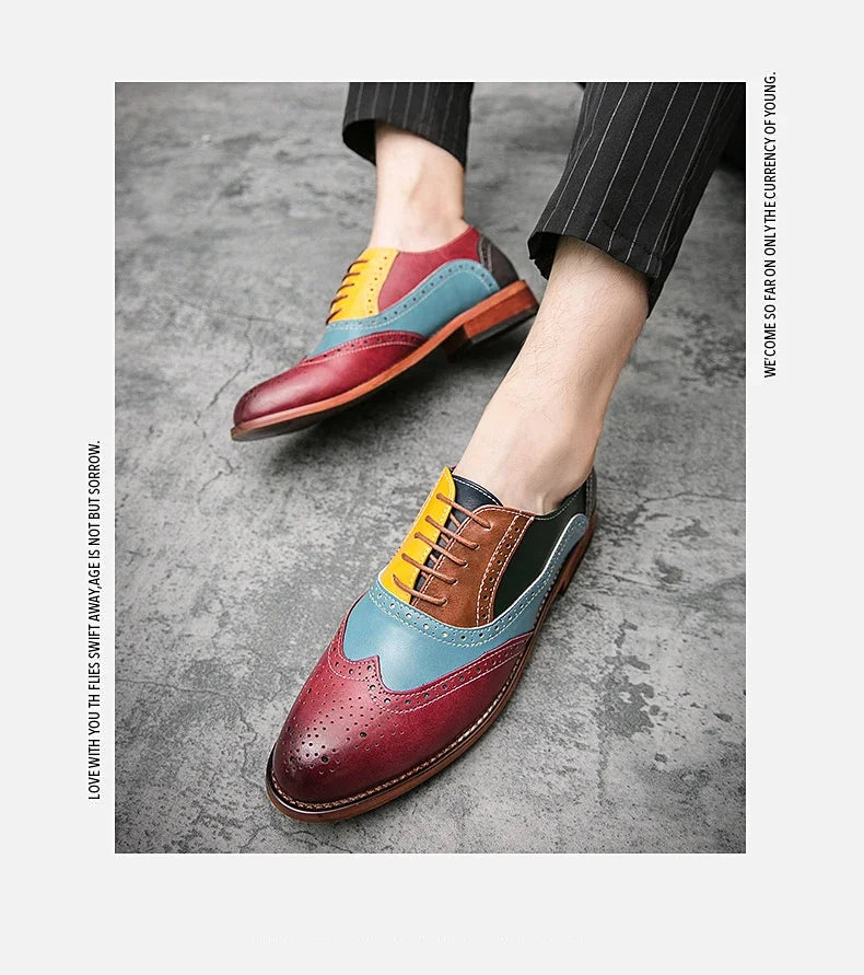 Men Business Dress shoe Colorful Lace up Fashion Man Casual Leather Oxfords shoes Flat Leisure Wedding Party shoe Men Big Size