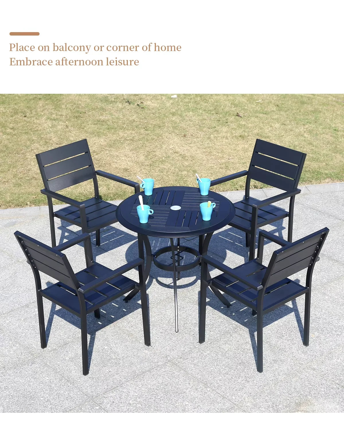 Outdoor Dining Table Modern Garden Table 80cm Wood-plastic Table Fashion Furniture Black Round Coffee Table