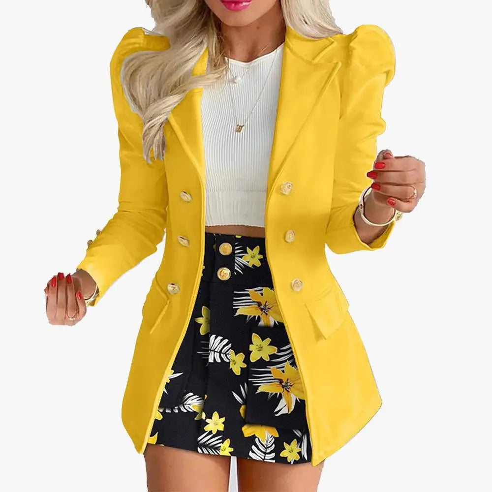 Fashion Versatile Matching Suit and Skirt Women's Casual Floral Print Puff Sleeve Blazer Coat & Skirt Set Ladies Two Piece Suit