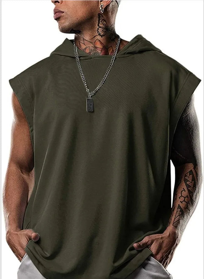 2025 Men Tank Top Fitness Training Pullover Leisure Fashion Sleeve Men's Hooded Vest Solid Color Tank Tops For Male
