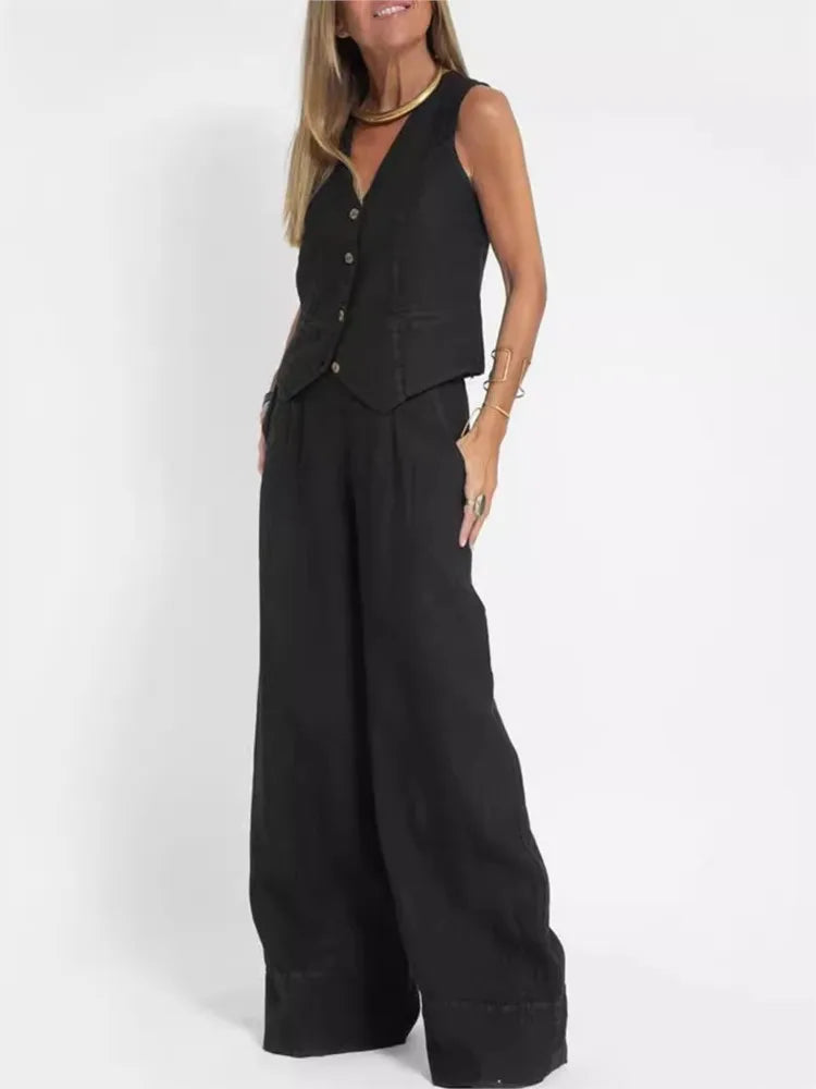 Trendy Vest & Pants Suit Set - Sleeveless 2-Piece with Color Block Stitching