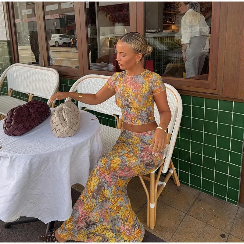 Women Elegant Printing Skirt Suit Chic Round Neck Half Sleeve Top High Waist Slim Fit 2-piece Set 2025 New Summer Fashion Outfit