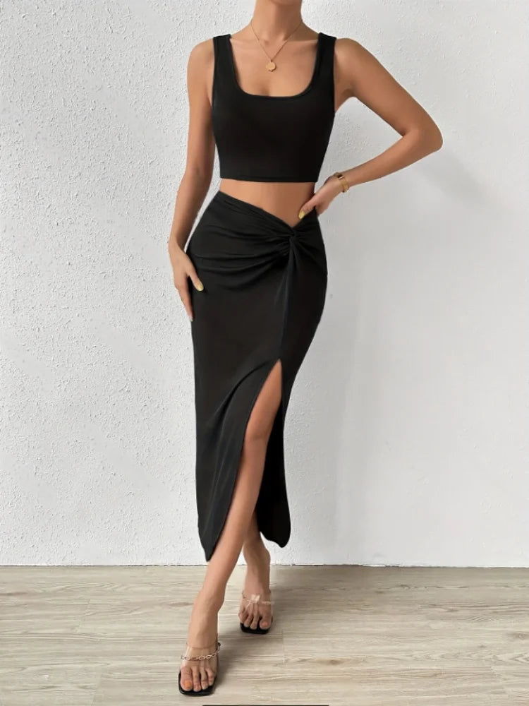 Summer Women's Suit Women's Party Style Sexy Separate Matching Dress Sleeveless Square Collar Vest Top Side Slit Long Skirt Suit