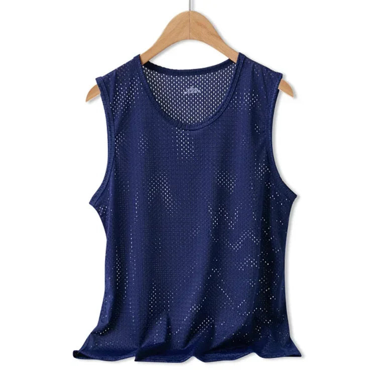 Men Tops Ice Silk Vest Outer Wear Quick-Drying Mesh Hole Breathable Sleeveless T-Shirts Summer Cool Vest Beach Travel Tanks