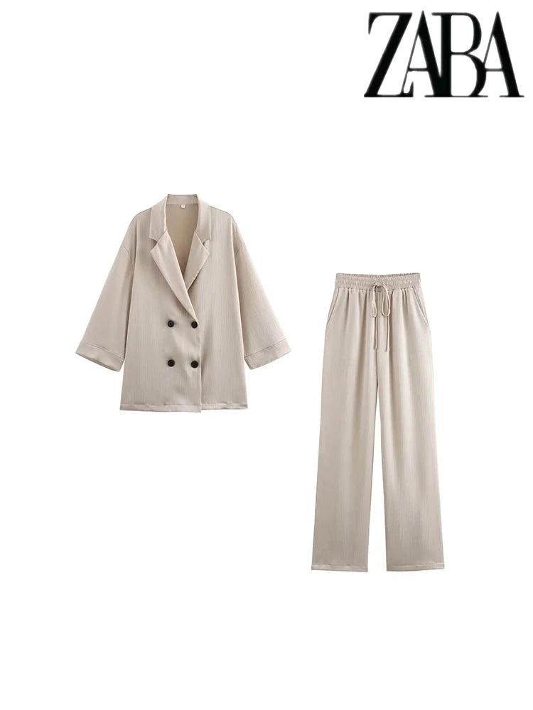 TRAF Women's Pure Colour Casual Commuter Suit Suit Double Breasted Lapel Jacket High Waisted Wide Leg Pants Women's Two Pieces