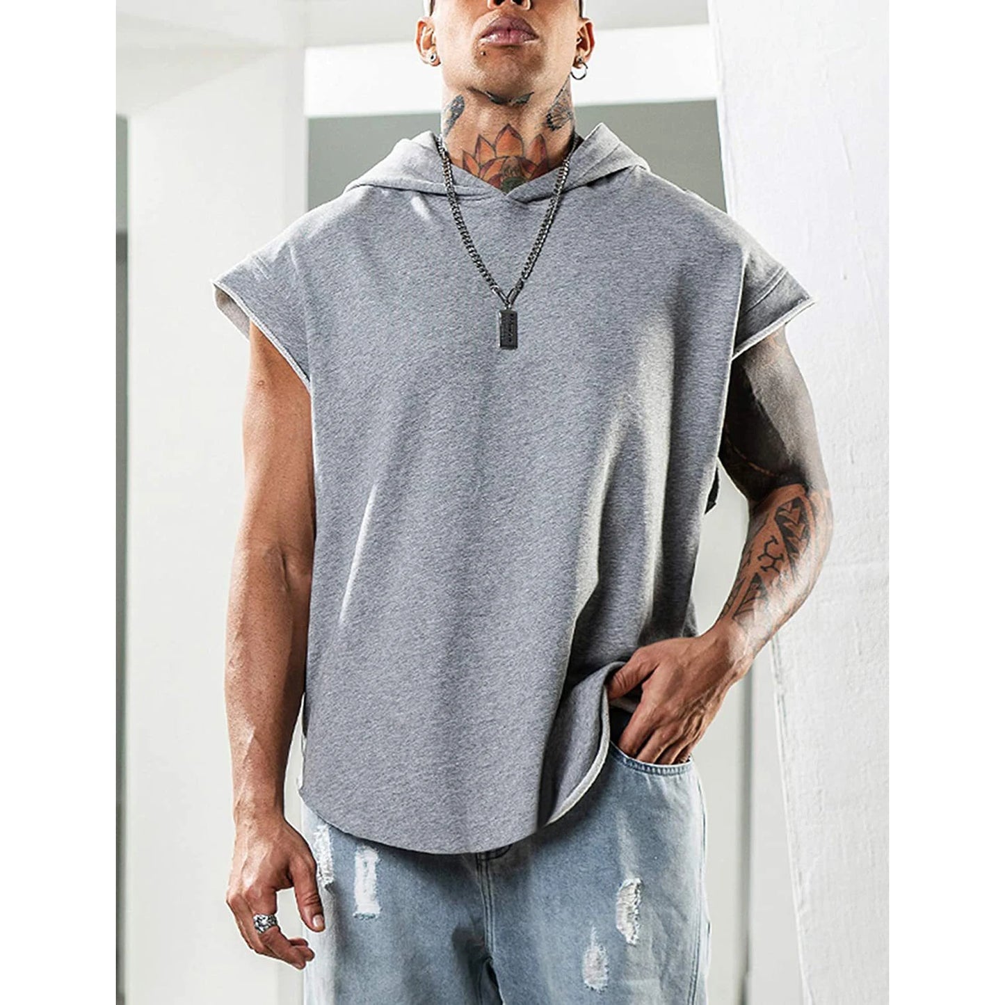 2025 Men Tank Top Fitness Training Pullover Leisure Fashion Sleeve Men's Hooded Vest Solid Color Tank Tops For Male