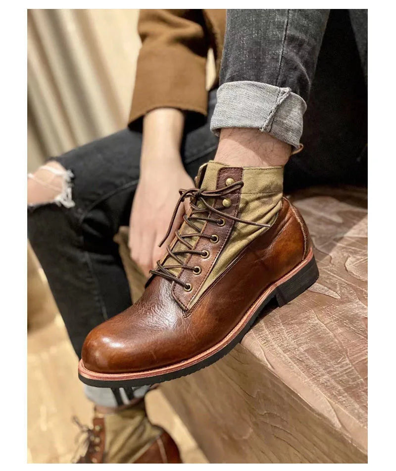 New Brown Boots for Men Black Business Handmade Men's Short Boots Round Toe Slip-On Ankle Boots Motorcycle Boots Combat Boots